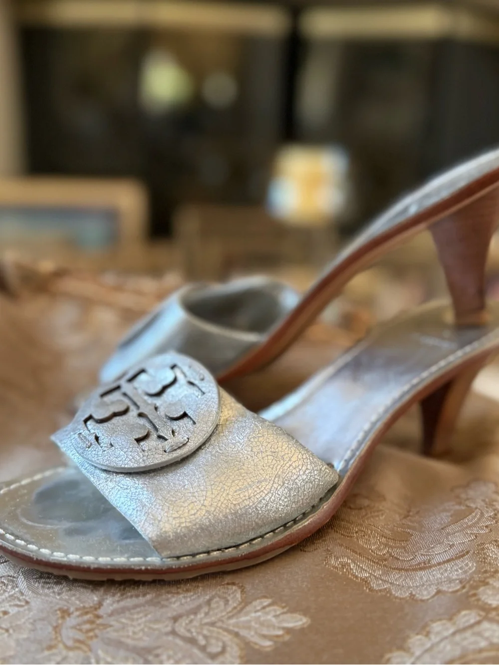 Tory Burch Metallic Silver Logo Slide Mules